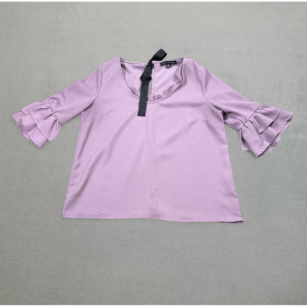 Haute Monde Blouse Top Small Lavender Ruffle Bell Sleeve Bow Back Black Ribbon